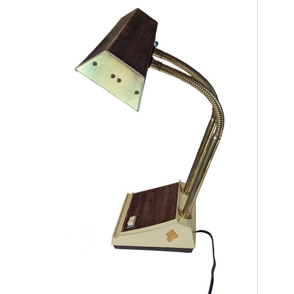 TENSOR Double Gooseneck Desk Lamp Brass Toned Vtg Mid Century Modern Wood Grain - Picture 6 of 9